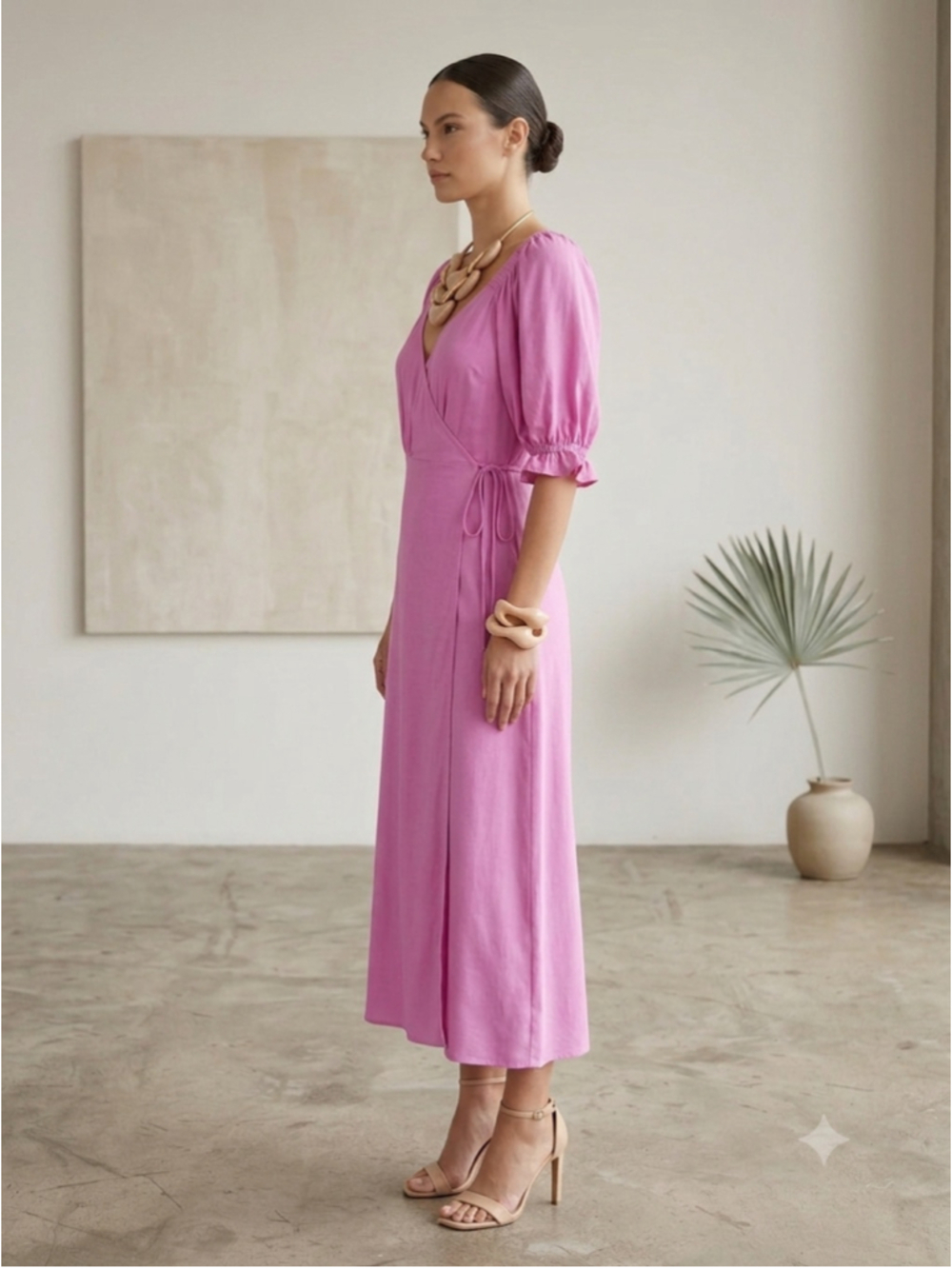 OLIVACEOUS Pink Wrap Maxi Dress Sz L Puff Sleeve Side Slit Cottagecore Boho Summ - Picture 2 of 12